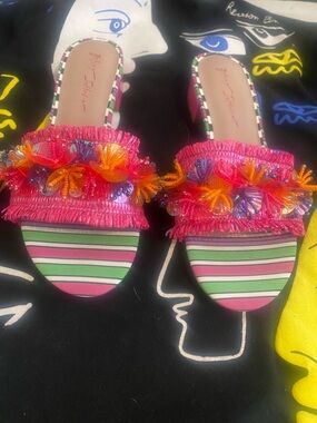 Betsey Johnson Pink Multi-Color Beaded Fringe Slide Sandals
